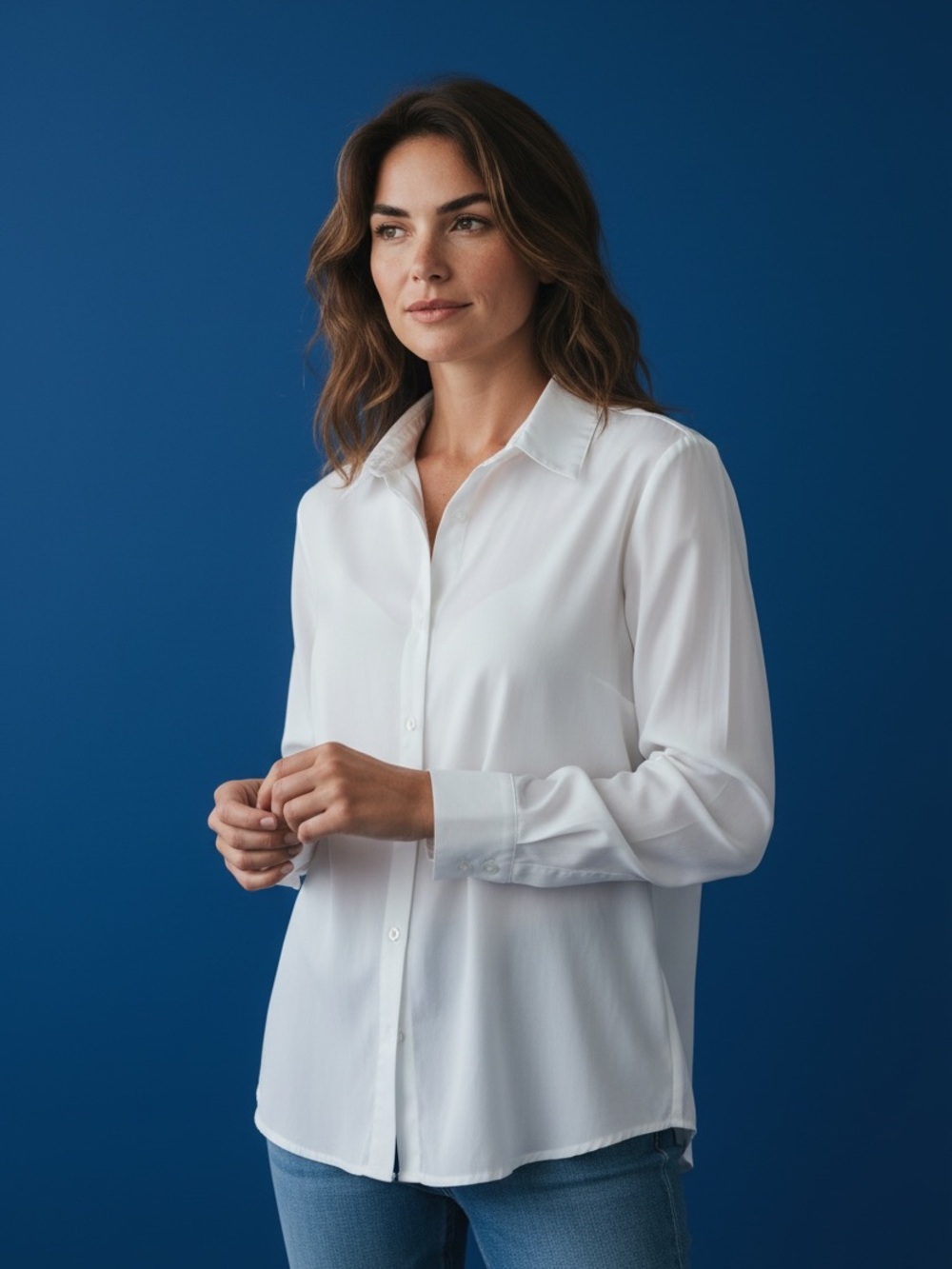 White Long-Sleeve Button Front Blouse